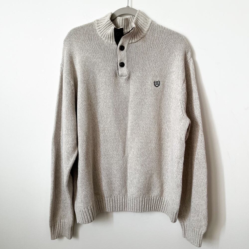 Chaps Elbow Patch 3 Button Mock Neck Sweater Mens XXL Preppy Academia Grandpa
